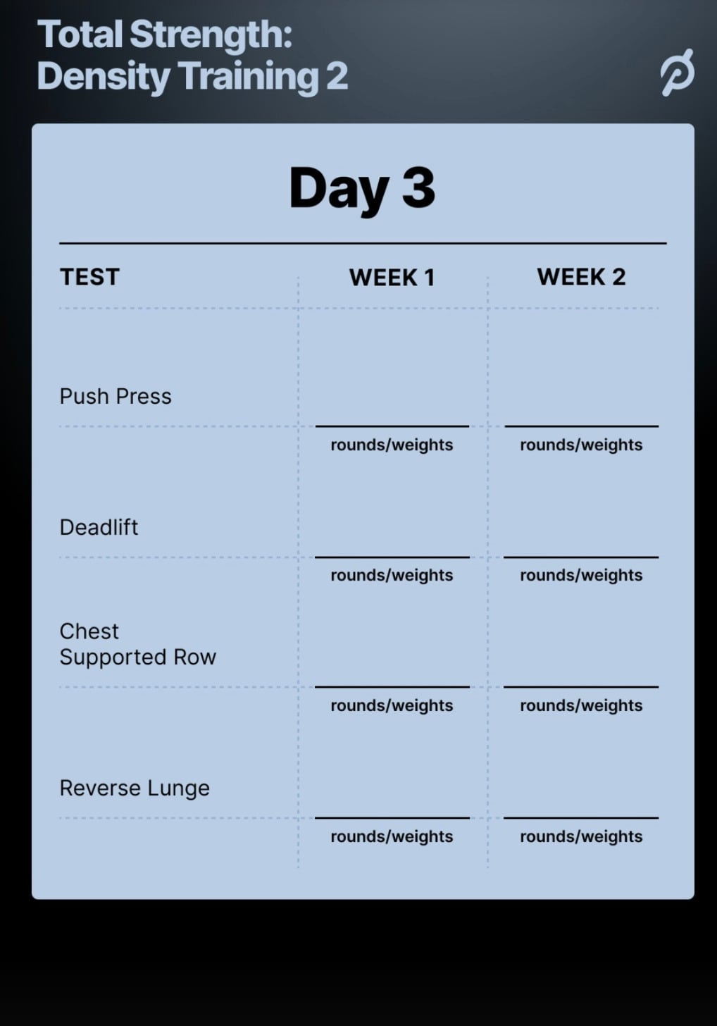 Tracker for Day 3 of the Total Strength: Density Training 2 program with Andy Speer.