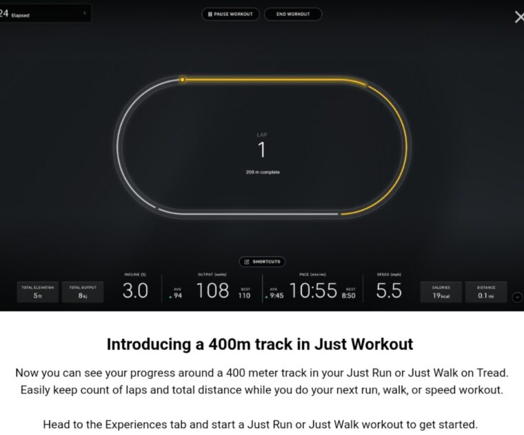 Pop up screen on Peloton Tread announcing new 400 meter track display