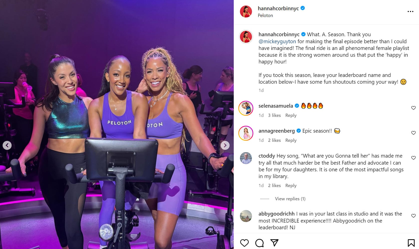 Hannah Corbin's Instagram post about last Country Happy Hour ride, featuring country artist Mickey Guyton and instructor Kirsten Ferguson