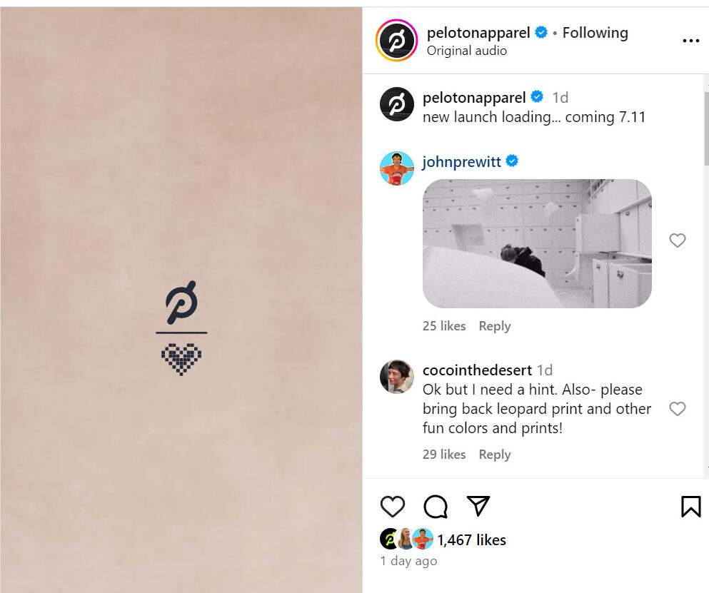 Peloton Apparel's Instagram post teasing new apparel launch coming July 11
