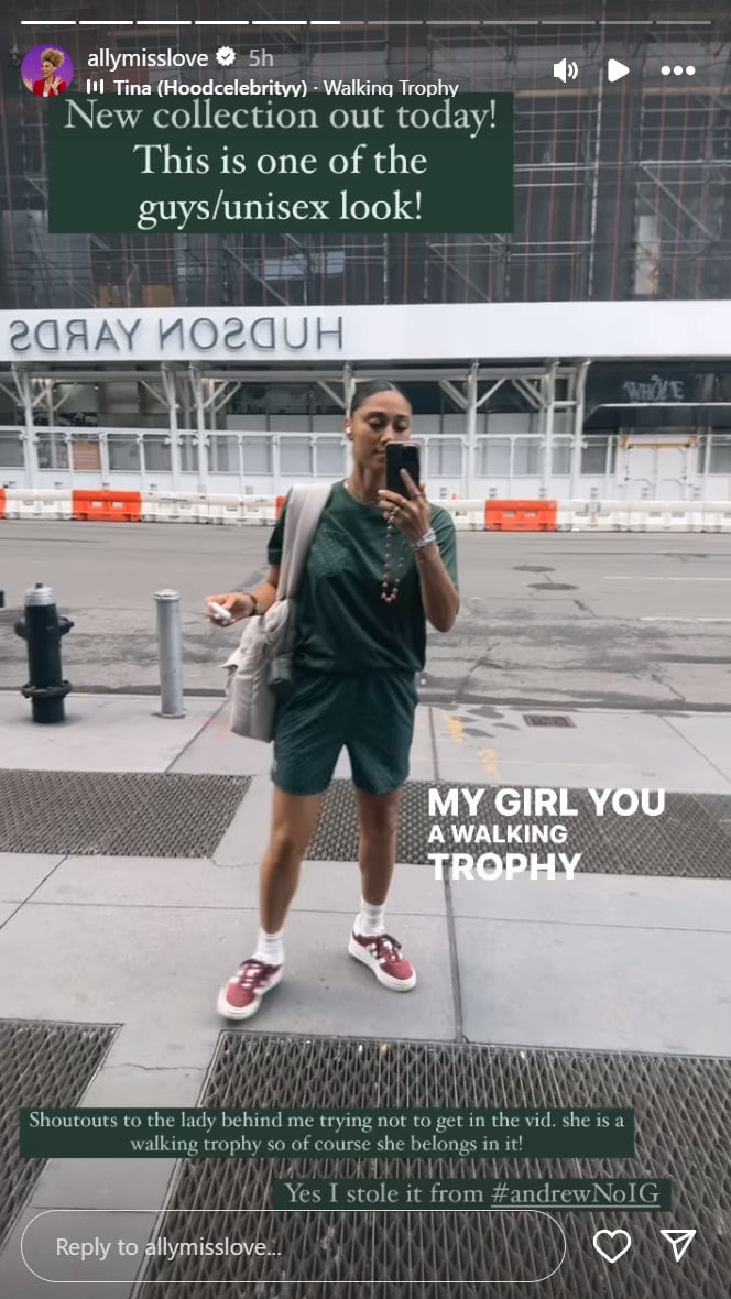 Ally Love's Instagram story showcasing new men's/unisex Peloton apparel items from her collaboration