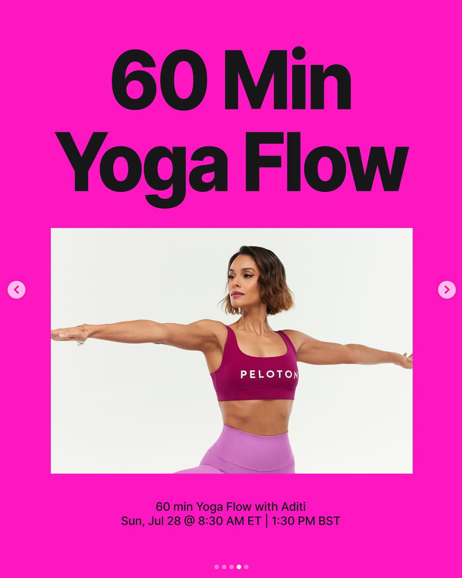 New live 60 minute yoga class coming from Aditi Shah this week. Image credit Peloton social media.