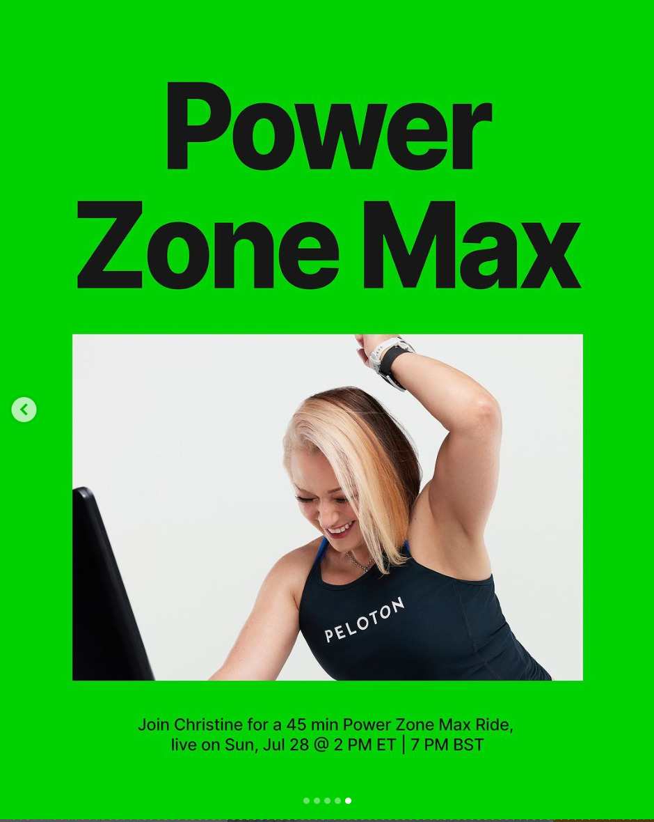 New live 45 minute Power Zone Max ride coming from Christine D'Ercole this week. Image credit Peloton social media.