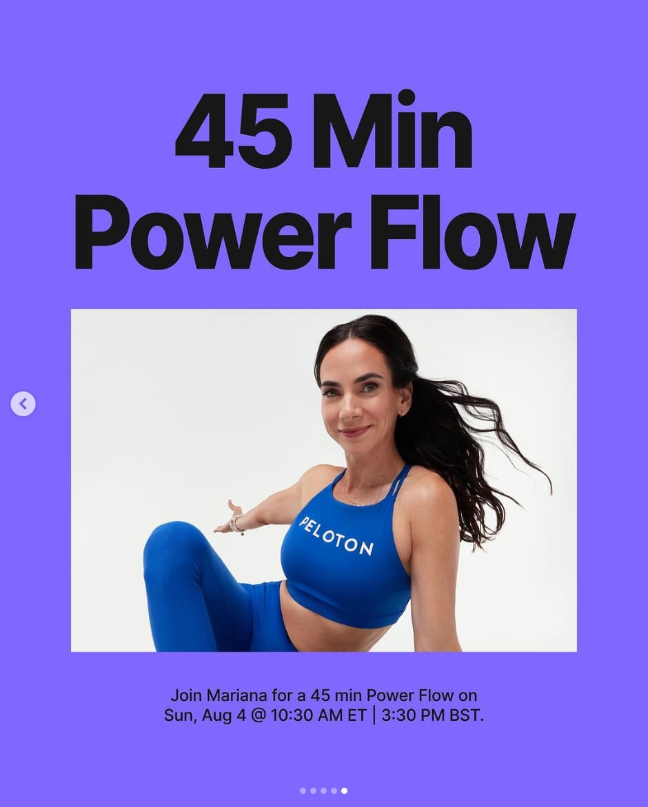 Peloton announces live 45 minute Power Flow with Mariana. Image credit Peloton social media.