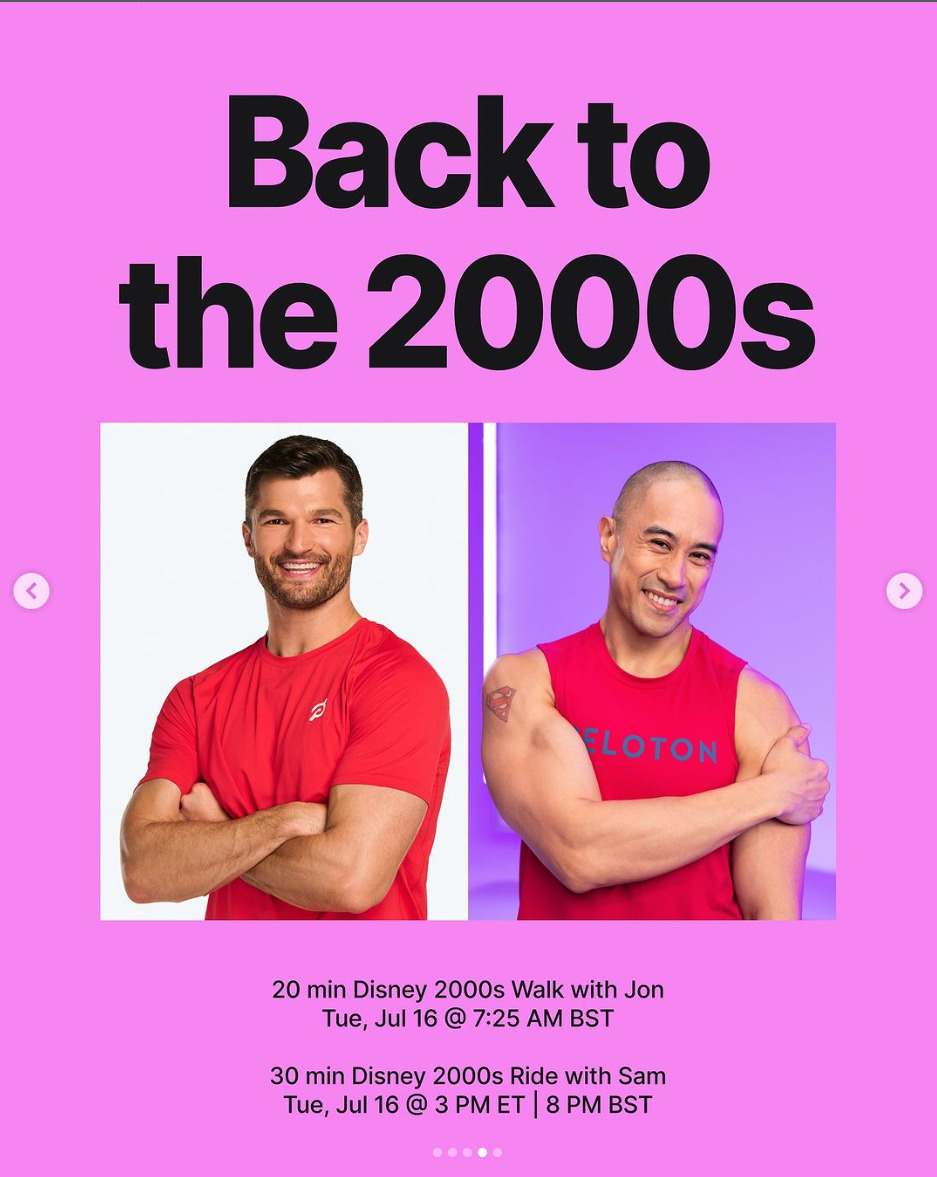 Upcoming Disney 2000s classes are coming from Jon Hosking and Sam Yo. Image credit Peloton social media.