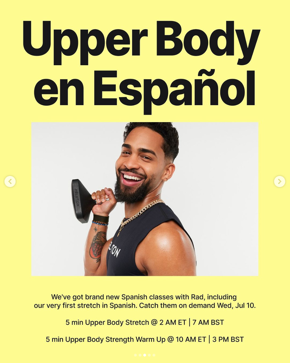 New classes in Spanish are coming from Rad, including first ever stretch. Image credit Peloton social media.