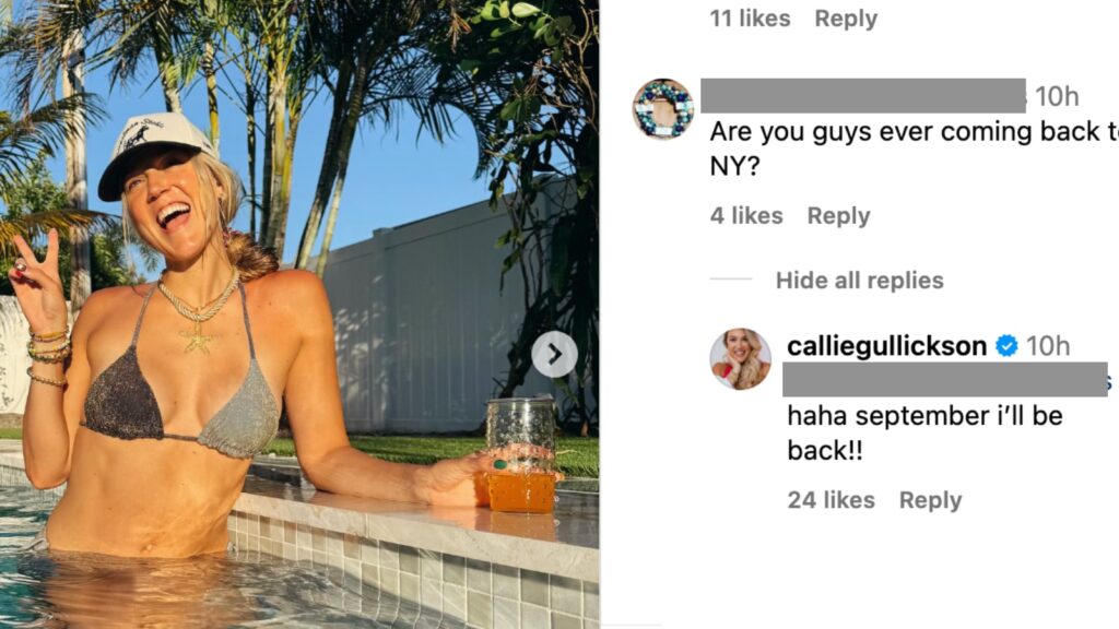 Callie Gullickson's response to Instagram comment about return to NYC in September.