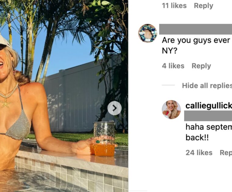 Callie Gullickson's response to Instagram comment about return to NYC in September.