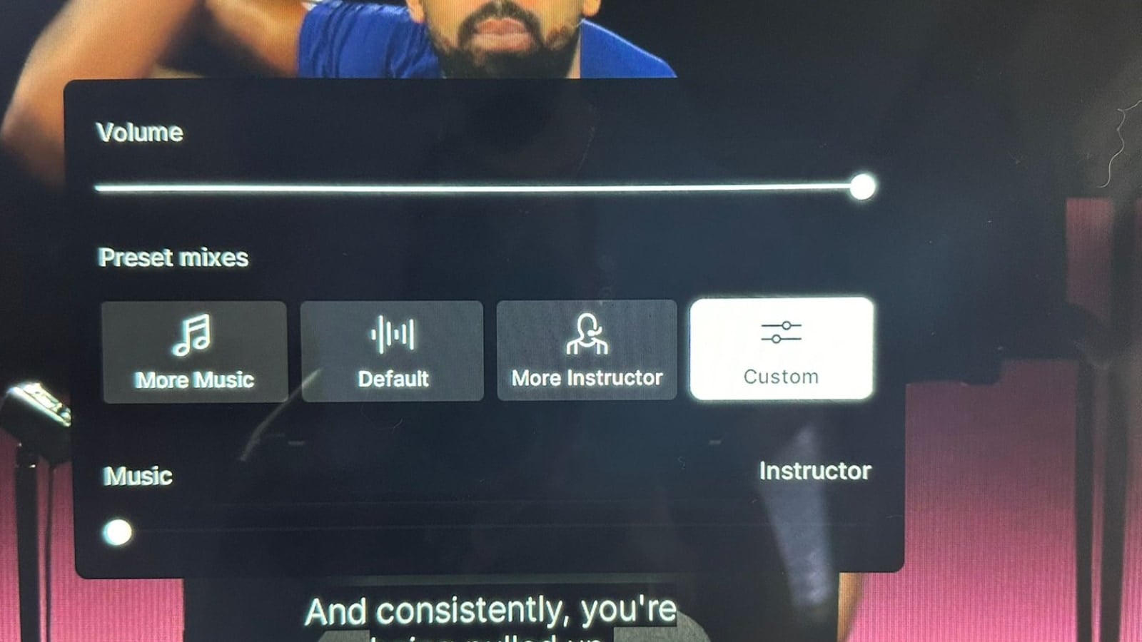 The mix here will feature mostly the music with the instructor levels turned down.
