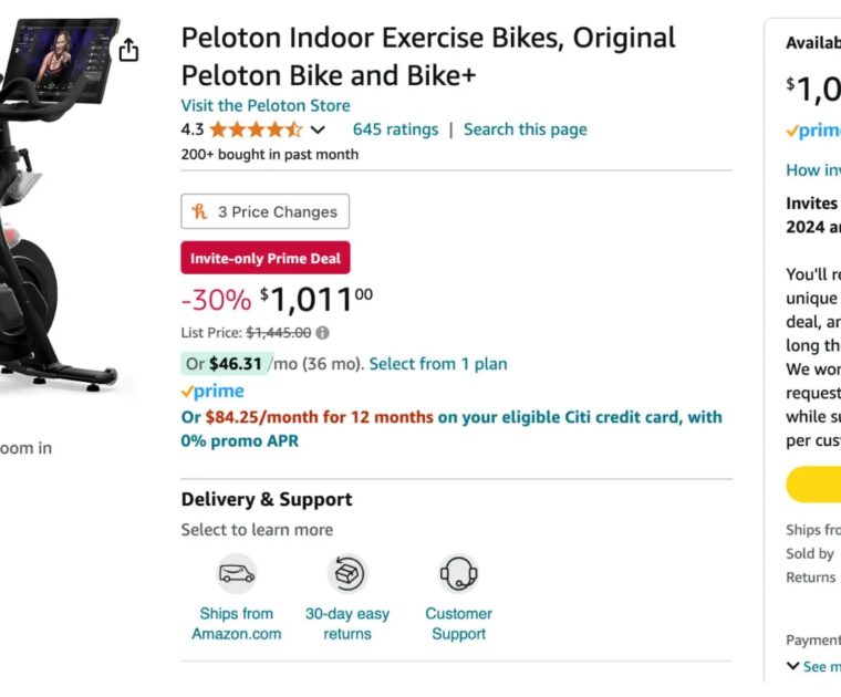 Original Peloton Bike on Amazon with the invite only Prime Day discount.