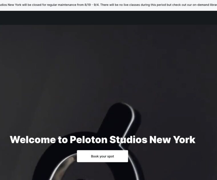 Banner added to Peloton Studios Booking Site announcing extended summer closure.