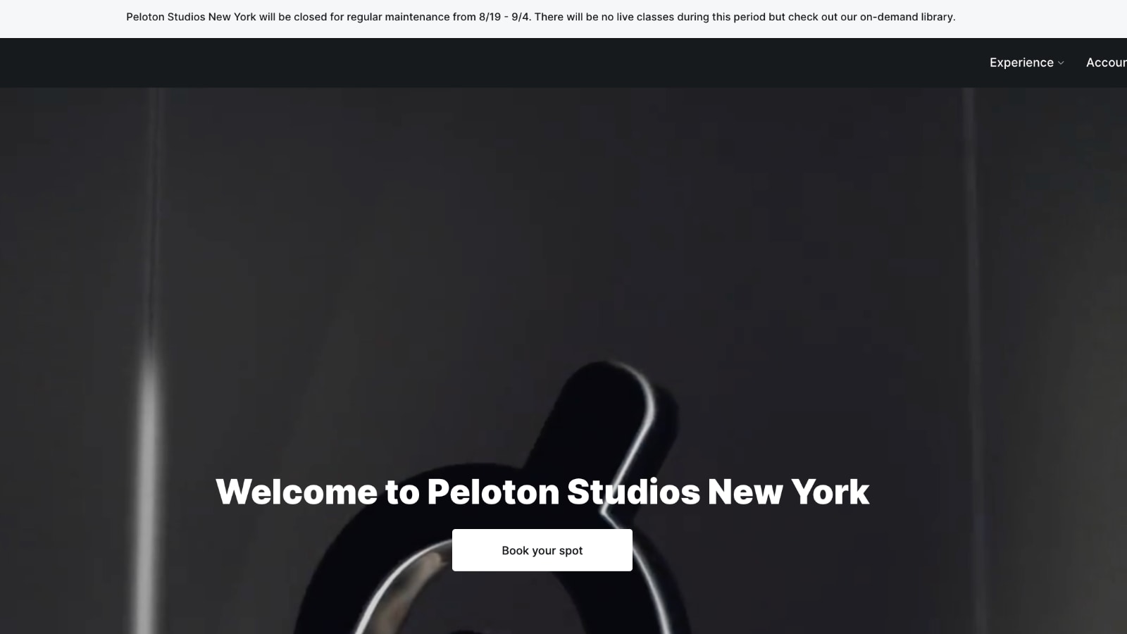 Banner added to Peloton Studios Booking Site announcing extended summer closure.