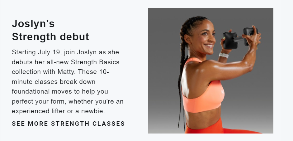 Peloton's July Workouts to Watch email highlighting Joslyn as strength instructor.