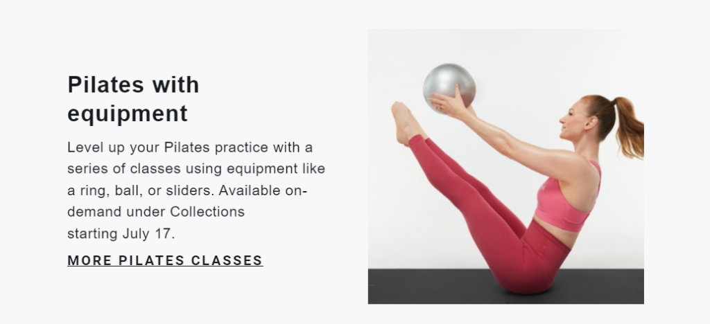 Peloton's July Workouts to Watch email highlighting Pilates accessories.