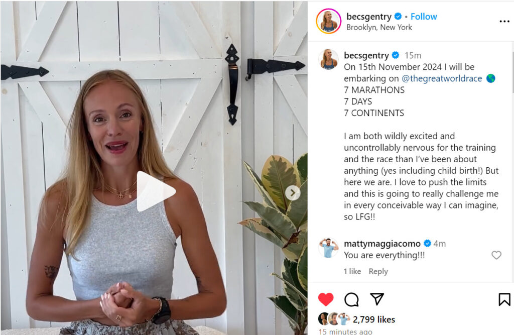 Becs' Instagram post announcing her participation in the Great World Race.