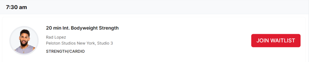 Class on Peloton Studios Booking Site displayed with "join waitlist" button.