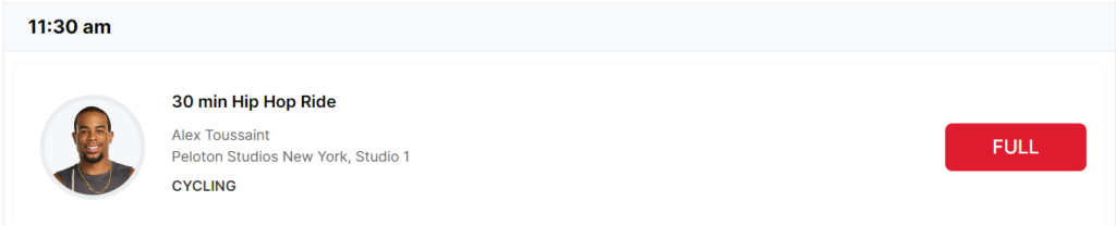 Class on Peloton Studios Booking Site displayed with "full" button.
