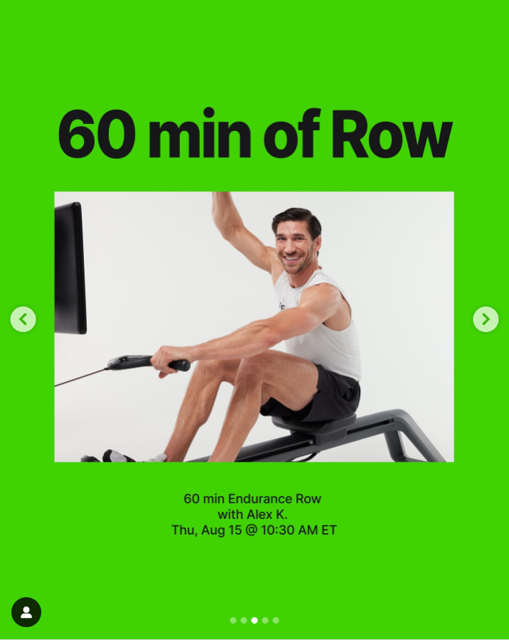 New 60 minute Endurance Row with Alex Karwoski this week. Image credit Peloton social media.