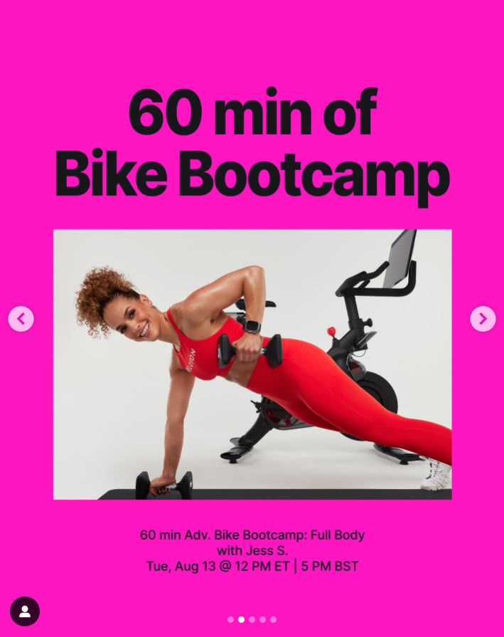 New 60 minute Bike Bootcamp with Jess Sims this week. Image credit Peloton social media.