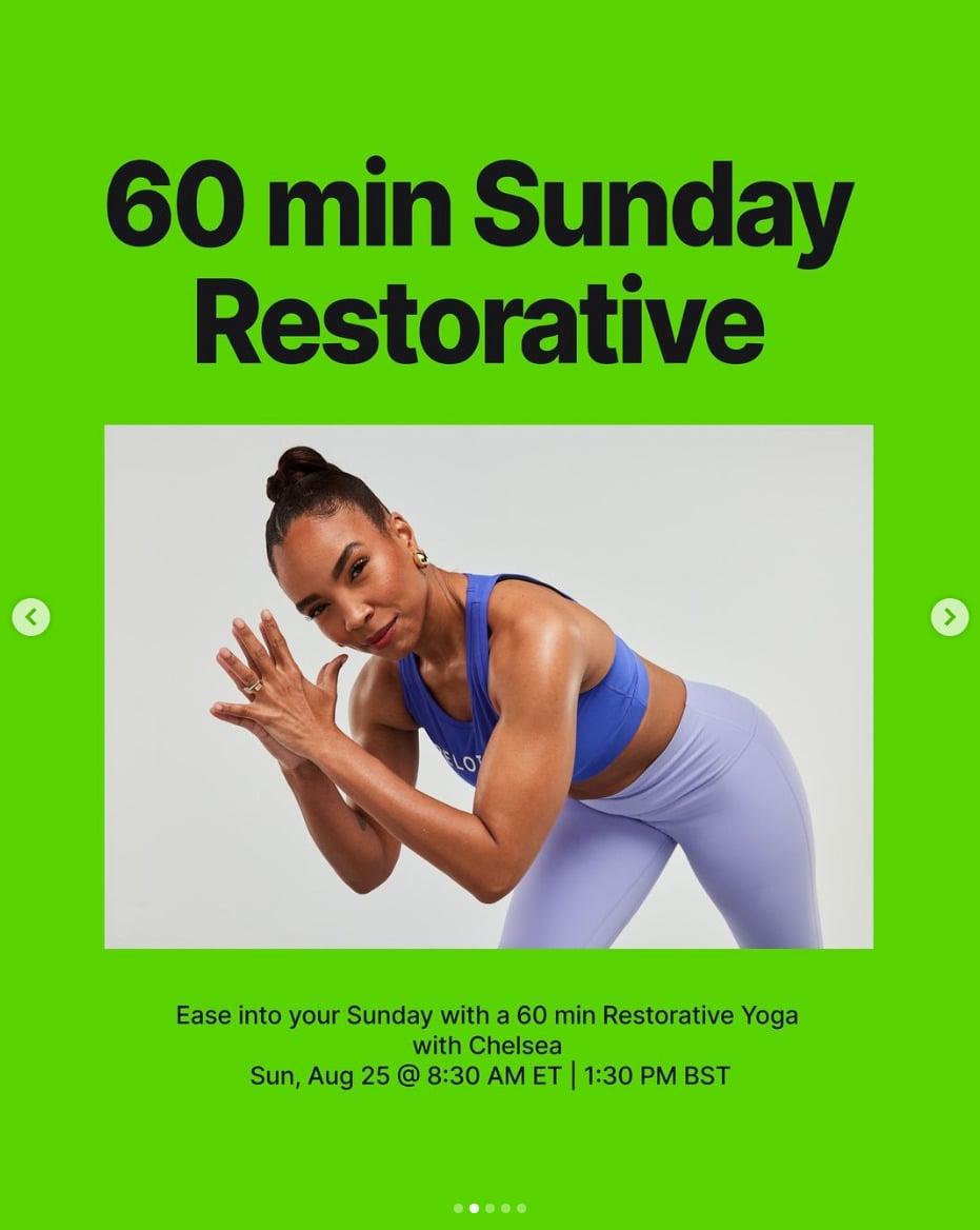 Chelsea Jackson Roberts will teach 60 minute Restorative Yoga this week. Image credit Peloton social media.