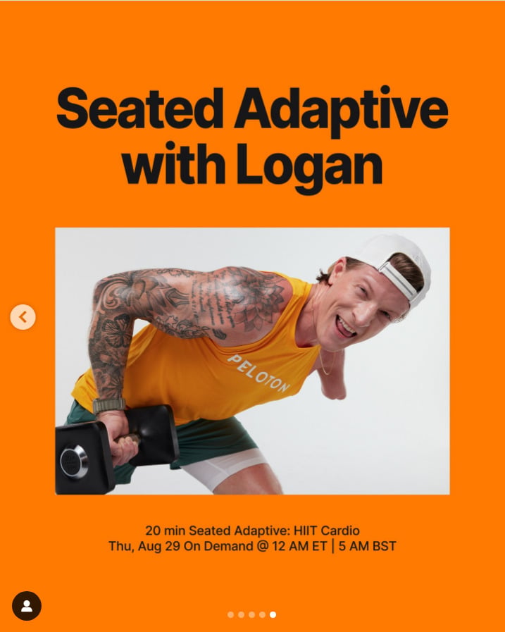 A new Seated Adaptive HIIT Cardio with Logan will drop on demand this week. Image credit Peloton social media.