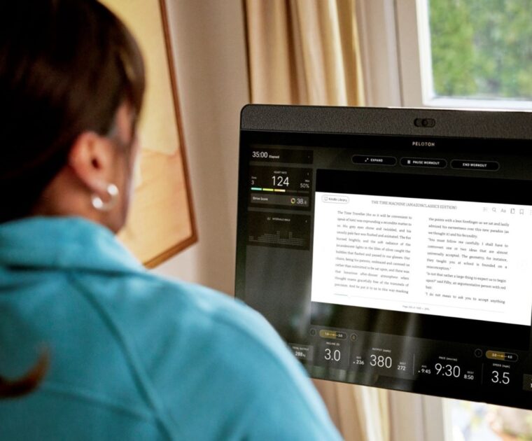 Reading a Kindle book on Peloton. Image credit Amazon.