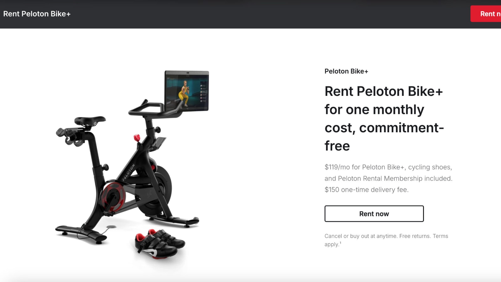 Peloton rental webpage showing only the Bike+ as a rental option.