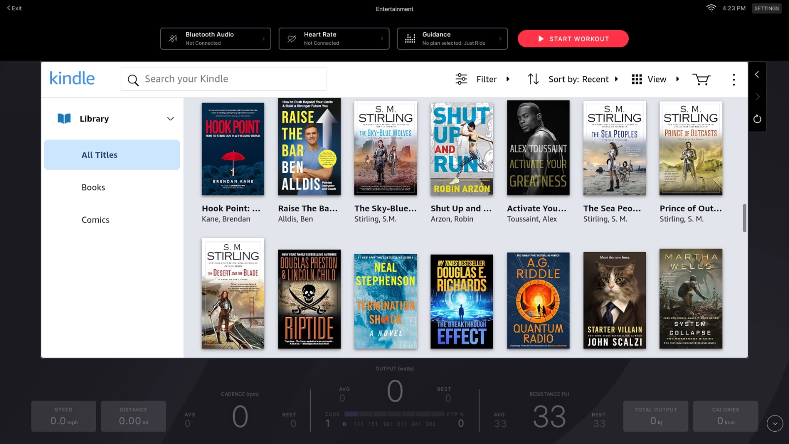 The Amazon Kindle library of eBooks in on a Peloton Bike or Tread.