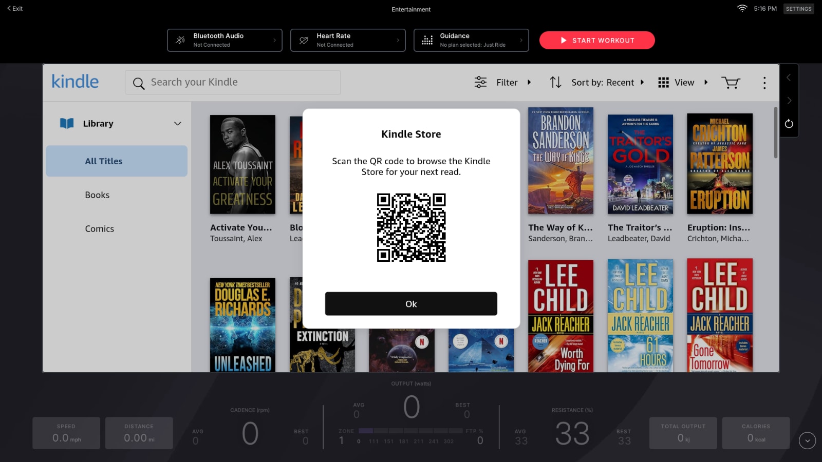 Popup on Peloton telling you to use a different device to buy a new Kindle book.