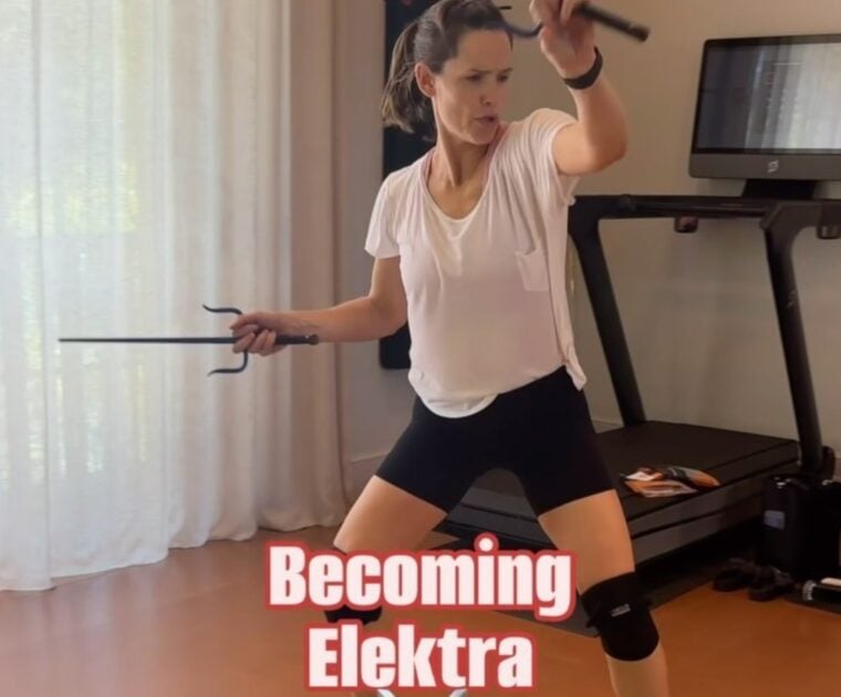 Jennifer Garner Instagram reel showing her training for Elektra with Peloton Tread+ in background.