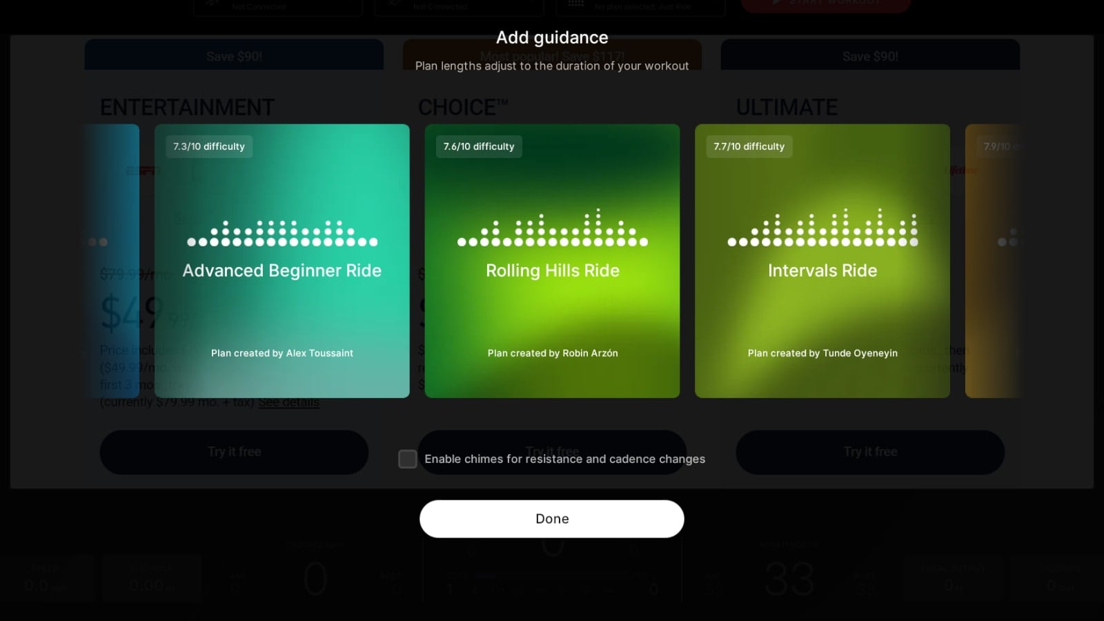 Picking your workout class plan in Guidance mode in Peloton Entertainment or Just Work Out.