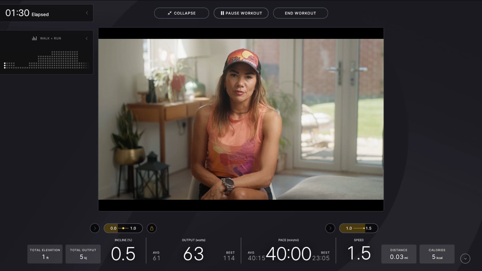 Watching a Peloton original with "Just Guidance" workout plan enabled.