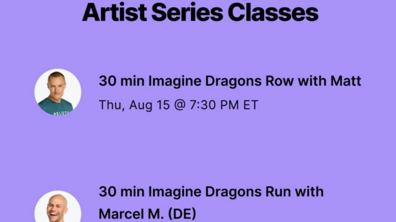 Peloton's Imagine Dragons artist series class list.