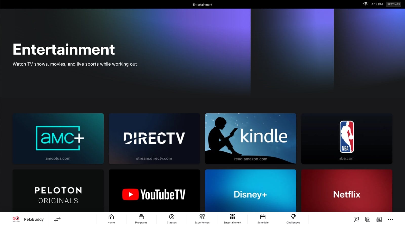 Kindle app in Peloton Entertainment.