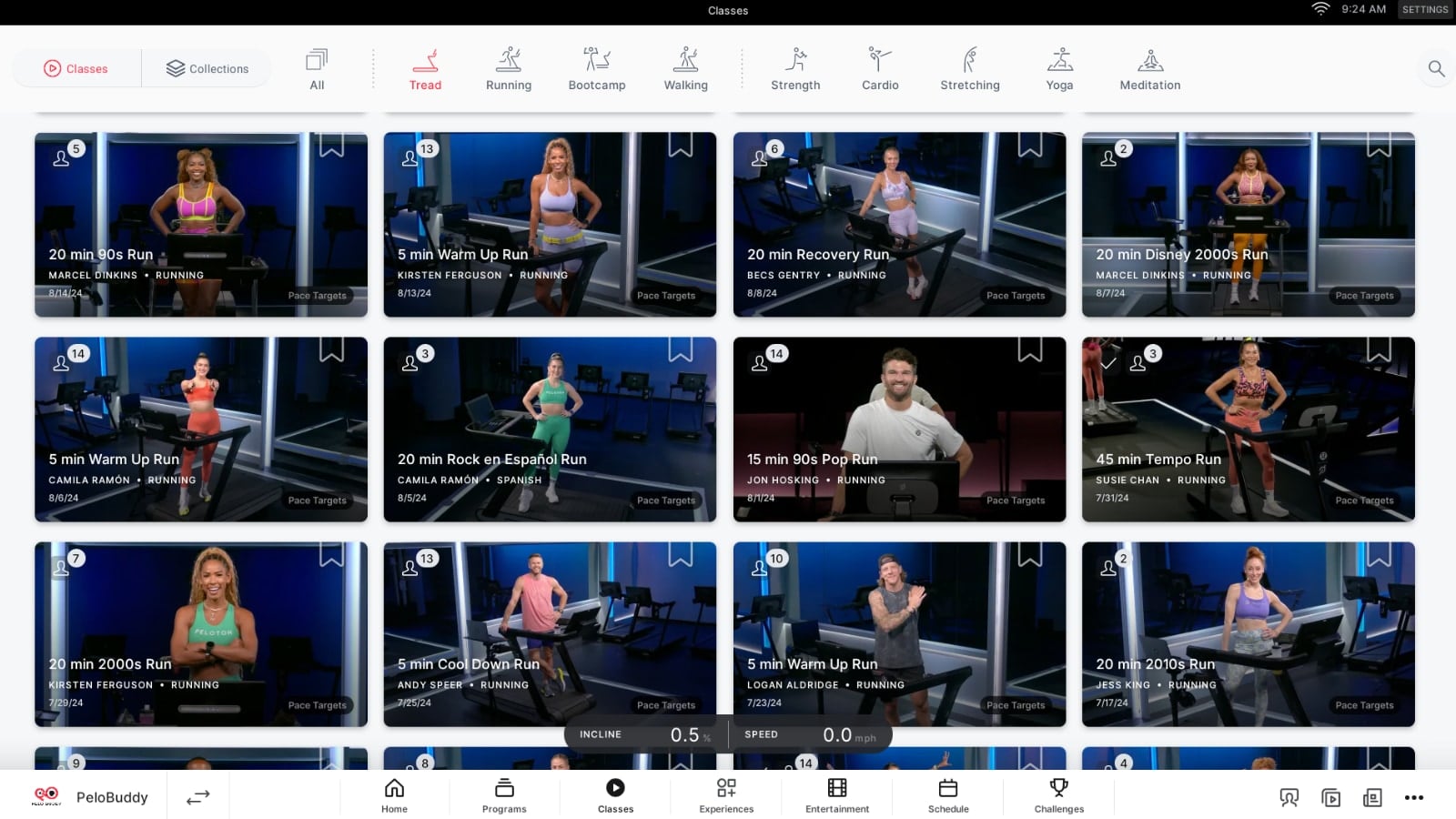Peloton on-demand library filtered to pace target classes.
