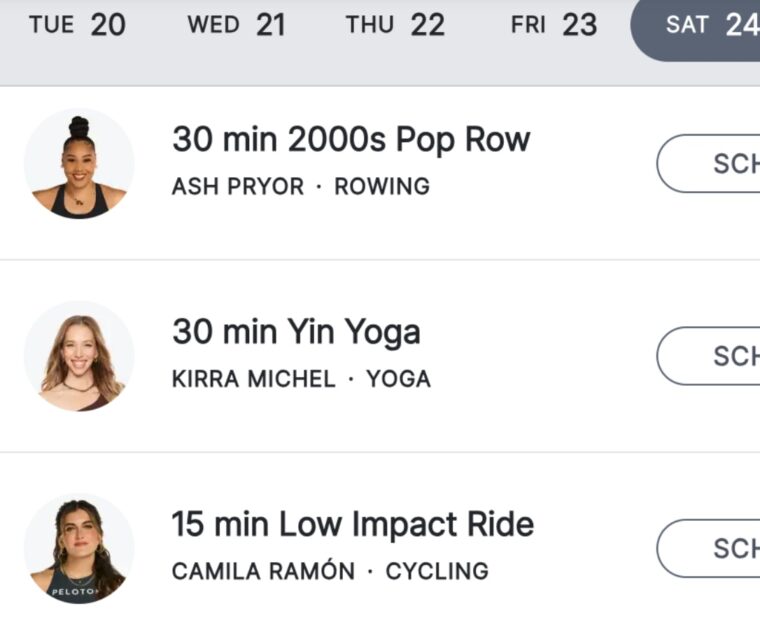 Peloton Studios upcoming schedule showing strength and yoga classes taking place live from PSNY on August 24.