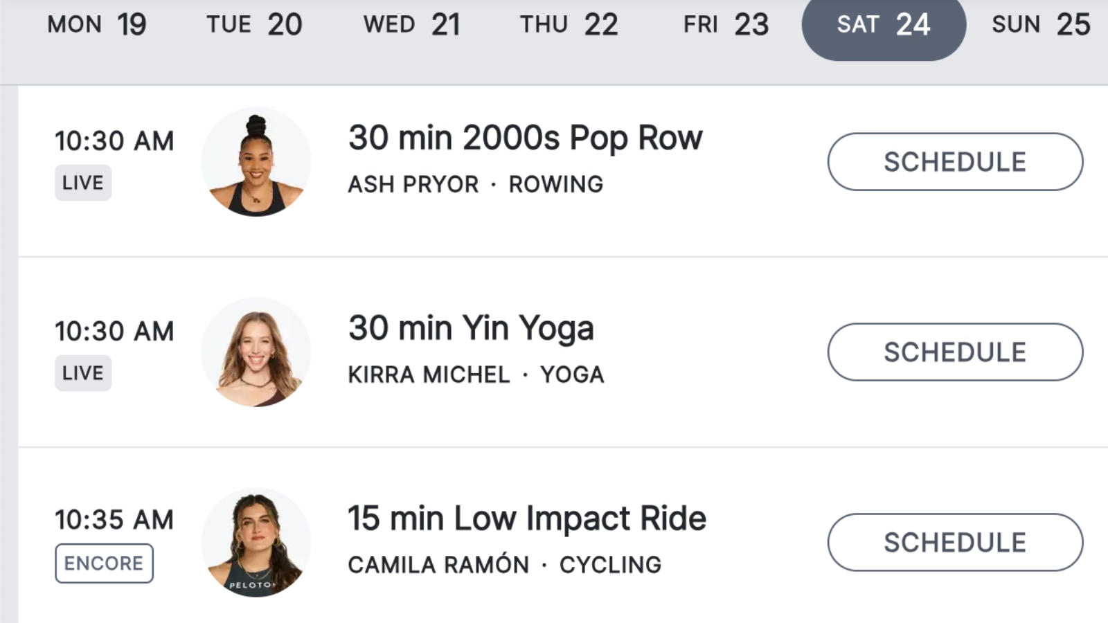 Peloton Studios upcoming schedule showing strength and yoga classes taking place live from PSNY on August 24.