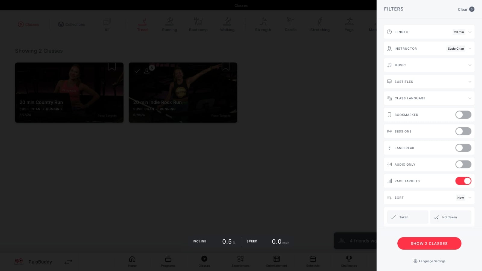 Combining the pace target filter with a filter of instructor and class length.
