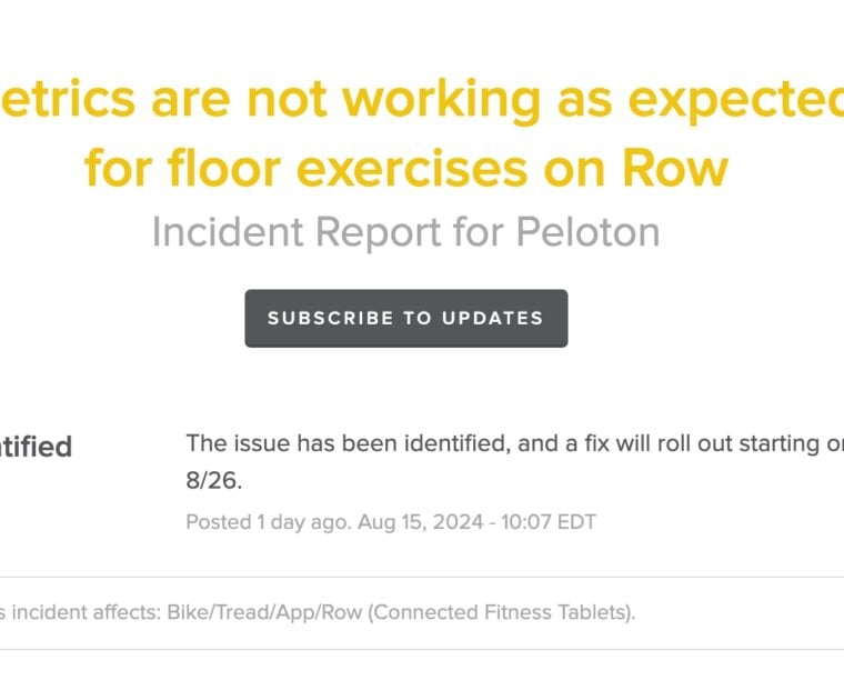 A bug report for the issue with metrics on the Peloton Row during floor classes.