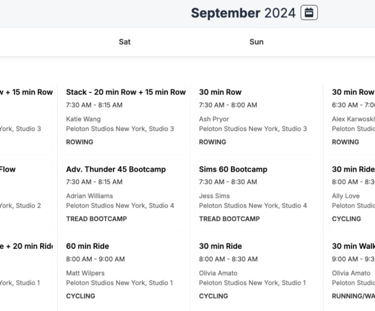 Peloton studio booking site for September.