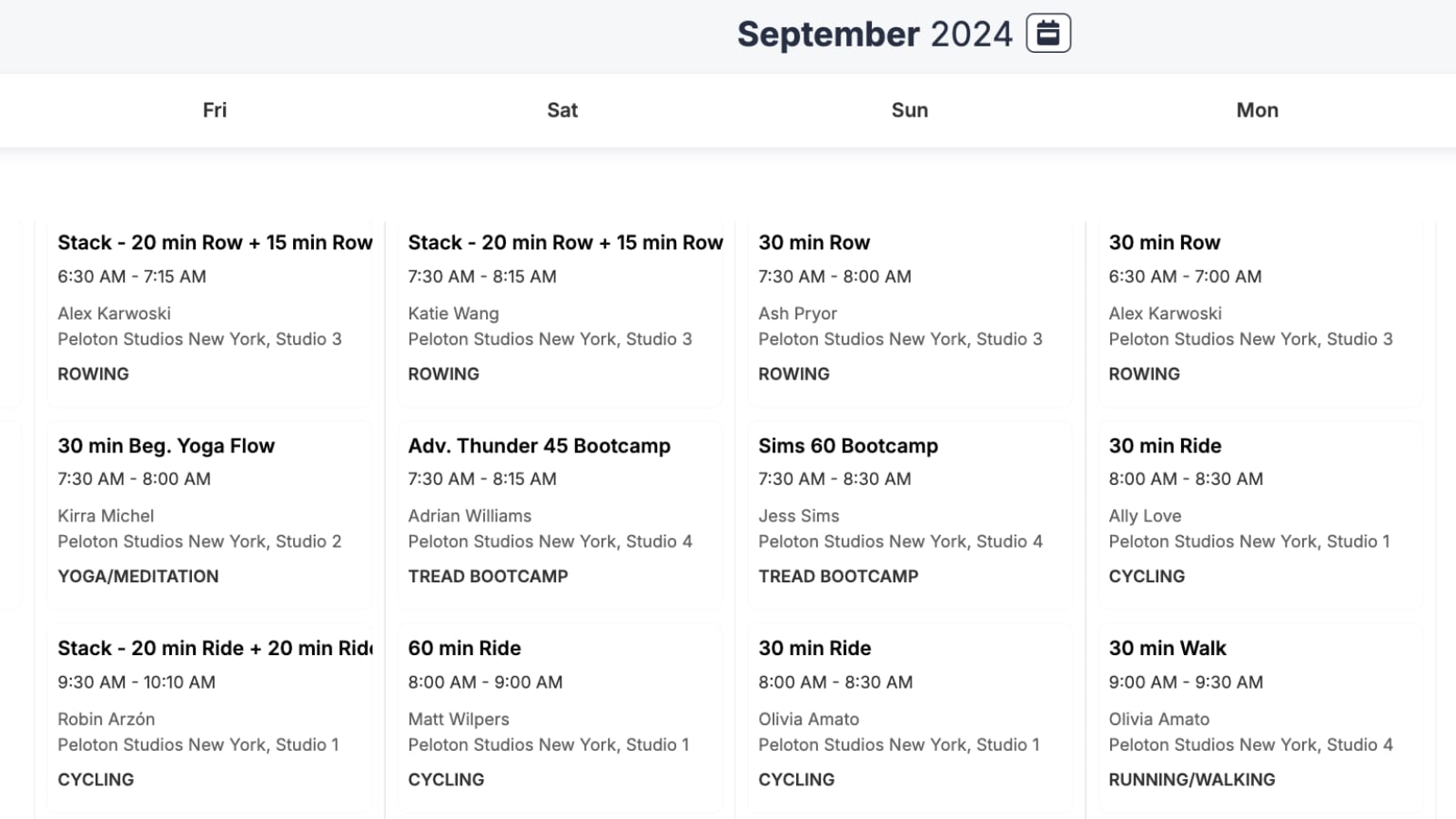 Peloton studio booking site for September.
