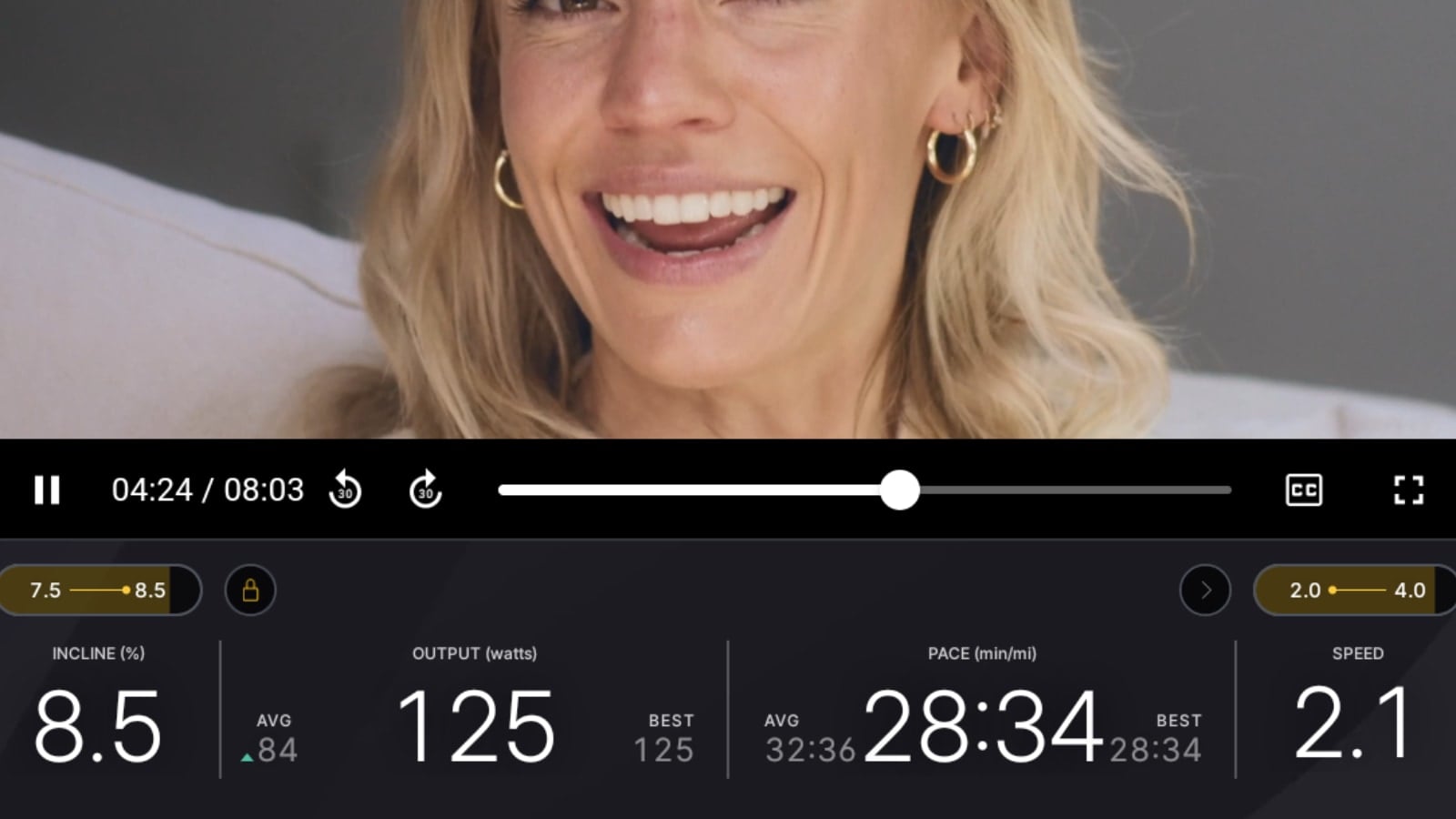 Target metrics in a Just Guidance workout on Peloton.