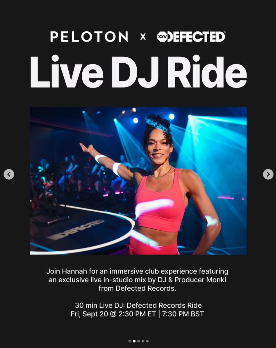 Live DJ Ride with Hannah Frankson and Defected Records is coming this week. Image credit Peloton social media.