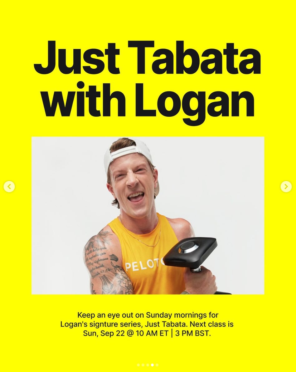 New Just Tabata classes with Logan begin this week. Image credit Peloton social media.