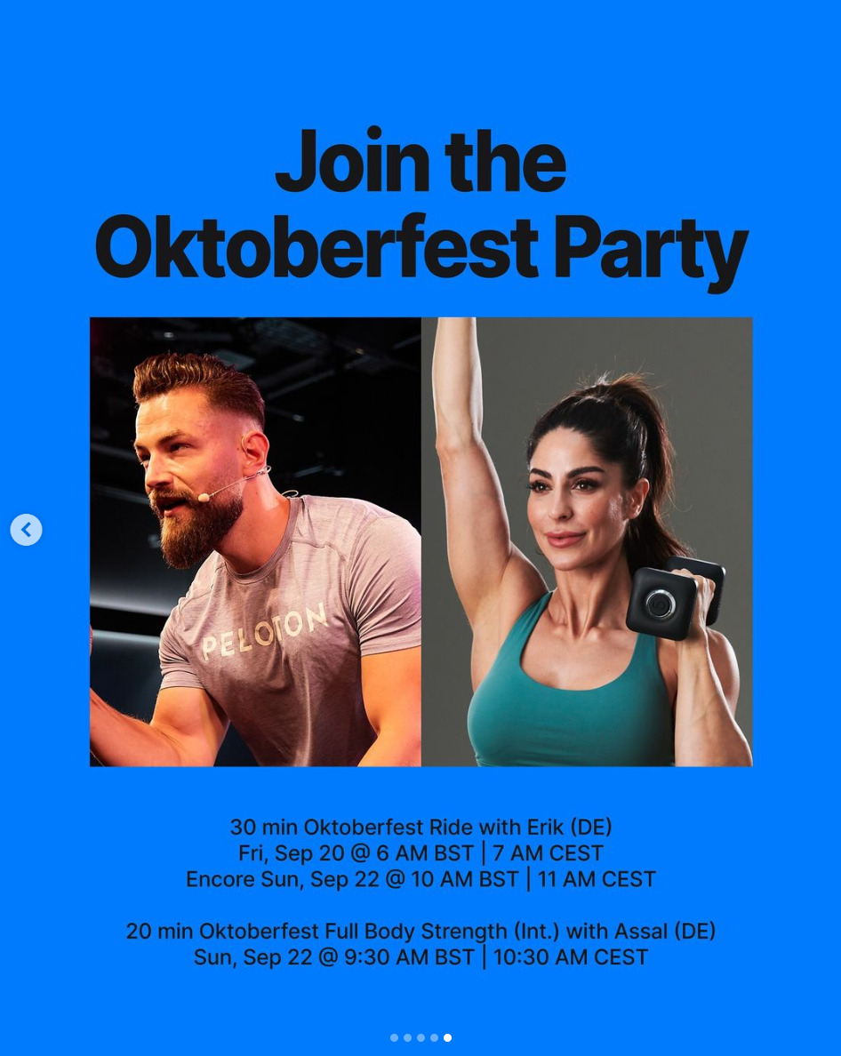 Oktoberfest 2024 Peloton classes are coming this week. Image credit Peloton social media.