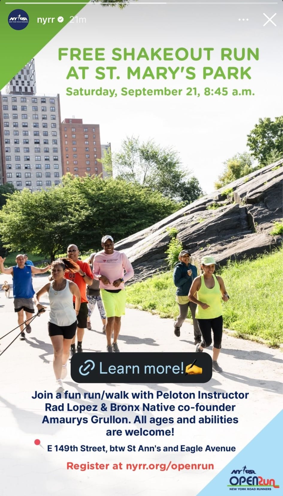New York Road Runners Instagram post shares Rad Lopez will join group run on September 21.