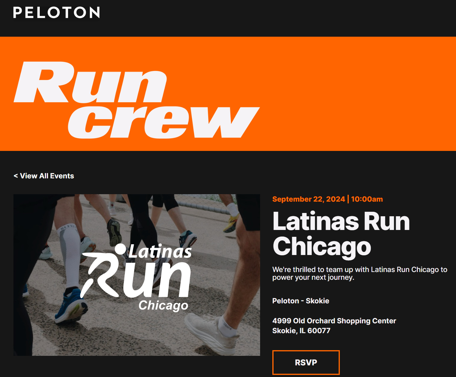 RSVP webpage for Peloton & Latinas Run Chicago event