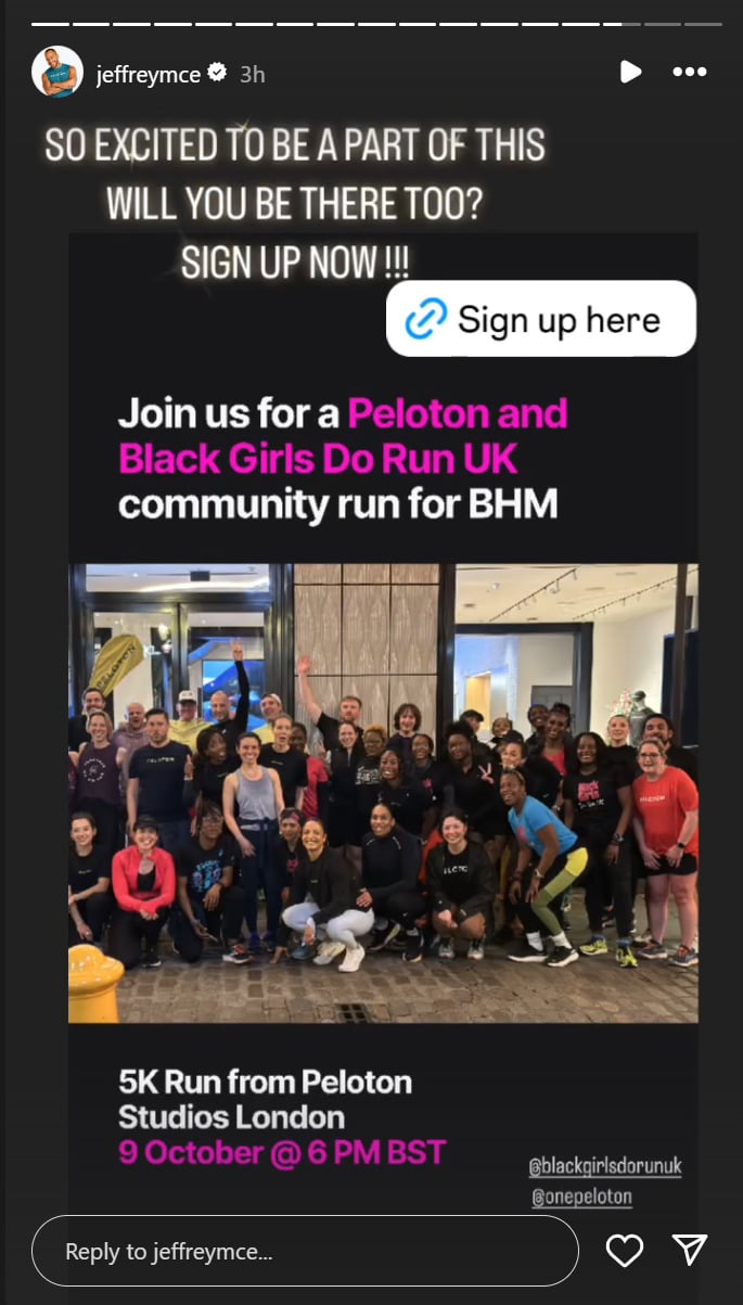 Jeffrey McEachern shared on Instagram he will attend the Peloton x Black Girls Do Run event on October 9