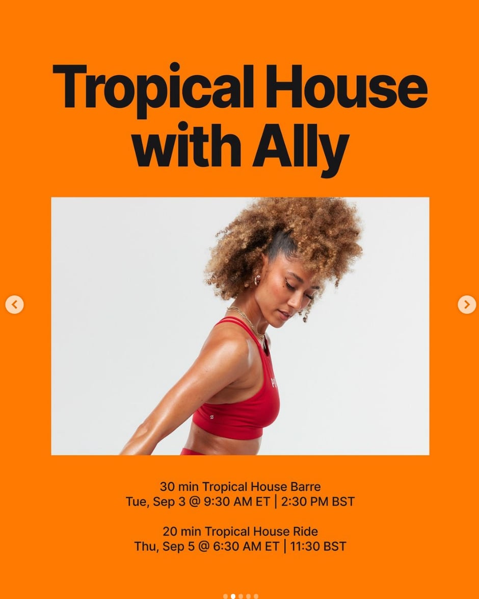 New Tropical House classes with Ally Love this week. Image credit Peloton social media.