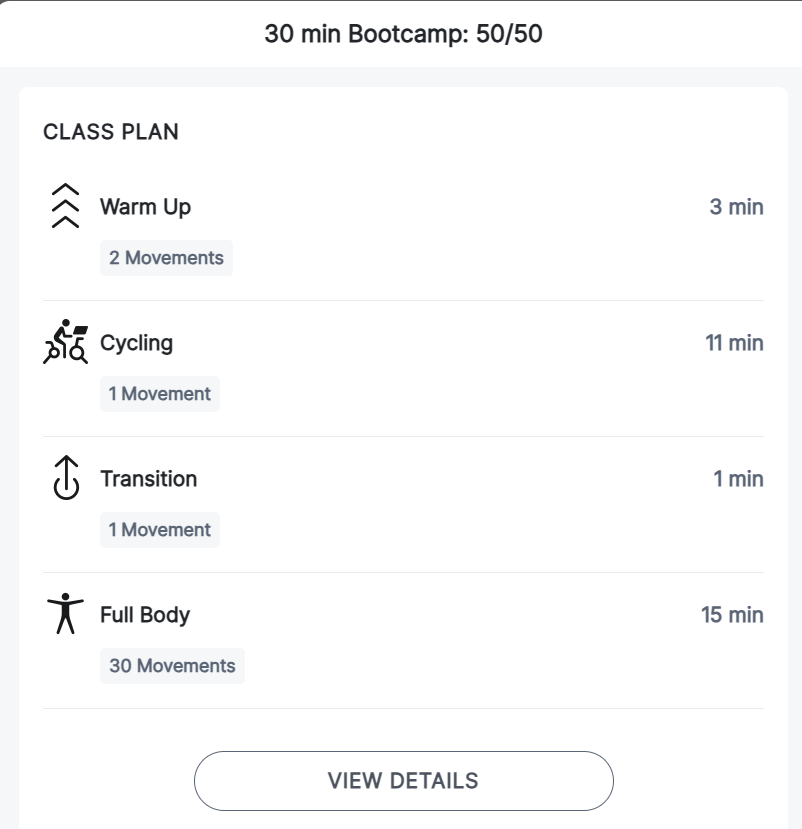 Class plan for Tunde's 30 minute Bike Bootcamp: 50/50 from September 3, 2024 showing one transition between cycling and strength